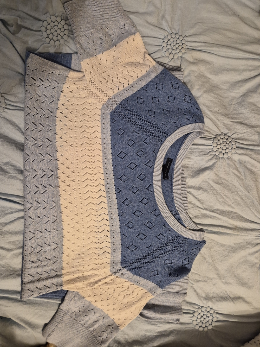 Tommy Hilfiger Blue and Cream Patterned Knit Crewneck Sweater